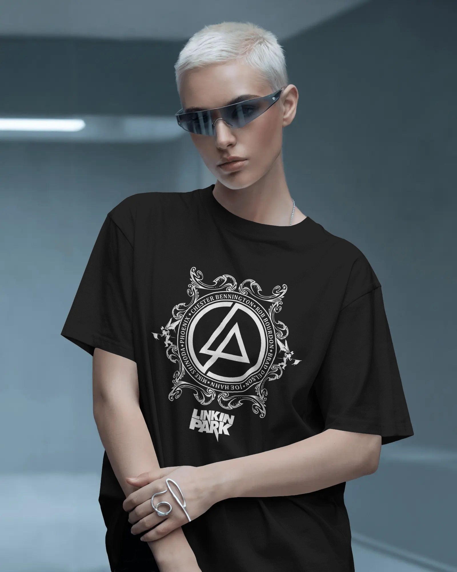 Linkin Park Crest Emblem Oversized Black T-Shirt with monochrome ornamental design worn by model with sunglasses