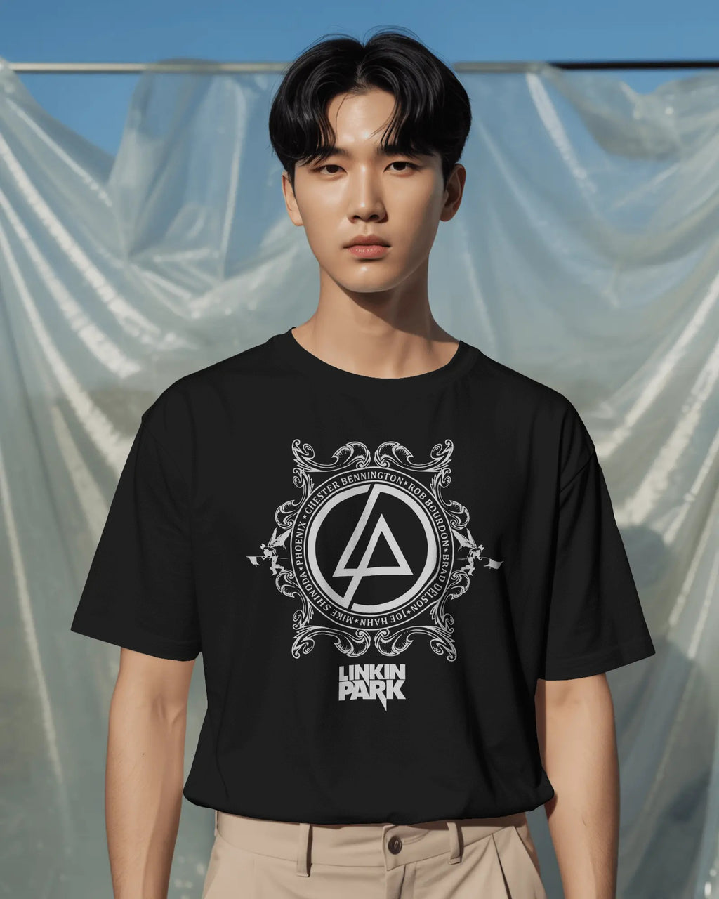 Linkin Park Crest Emblem Oversized Black T-Shirt with monochrome ornamental design worn by model with sunglasses