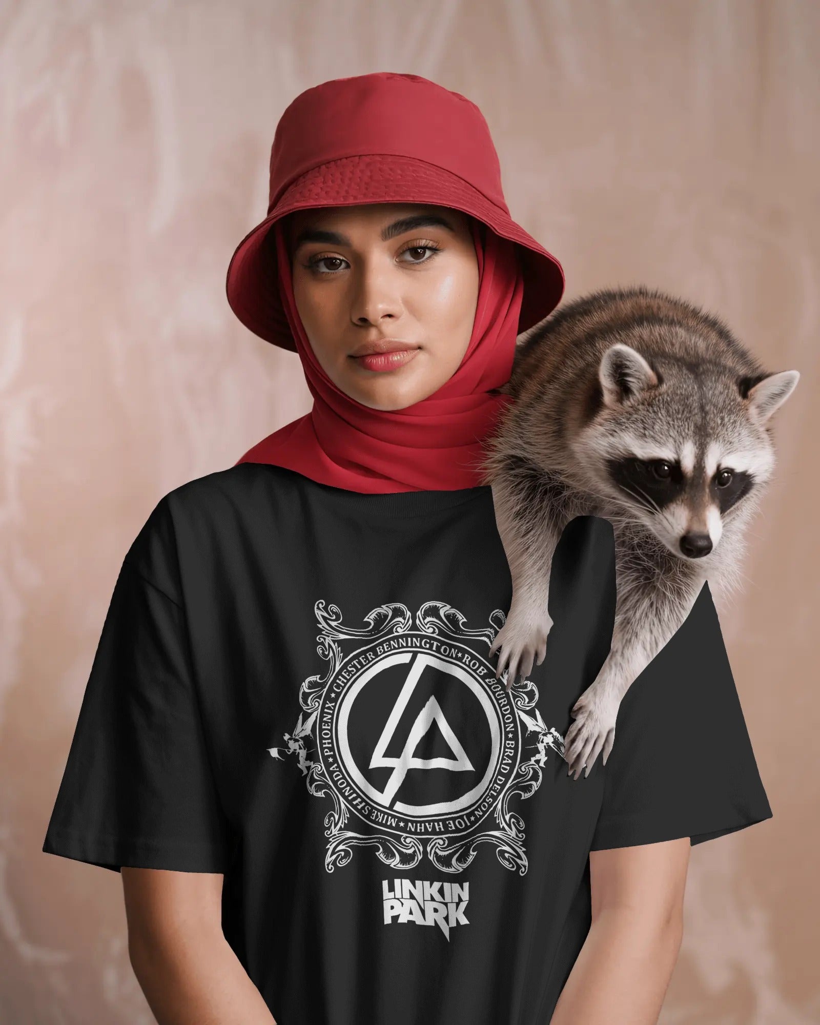 Linkin Park Crest Emblem Oversized Black T-Shirt with monochrome ornamental design worn by model with sunglasses