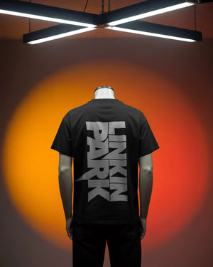 Linkin Park Crest Emblem Oversized Black T-Shirt with monochrome ornamental design worn by model with sunglasses