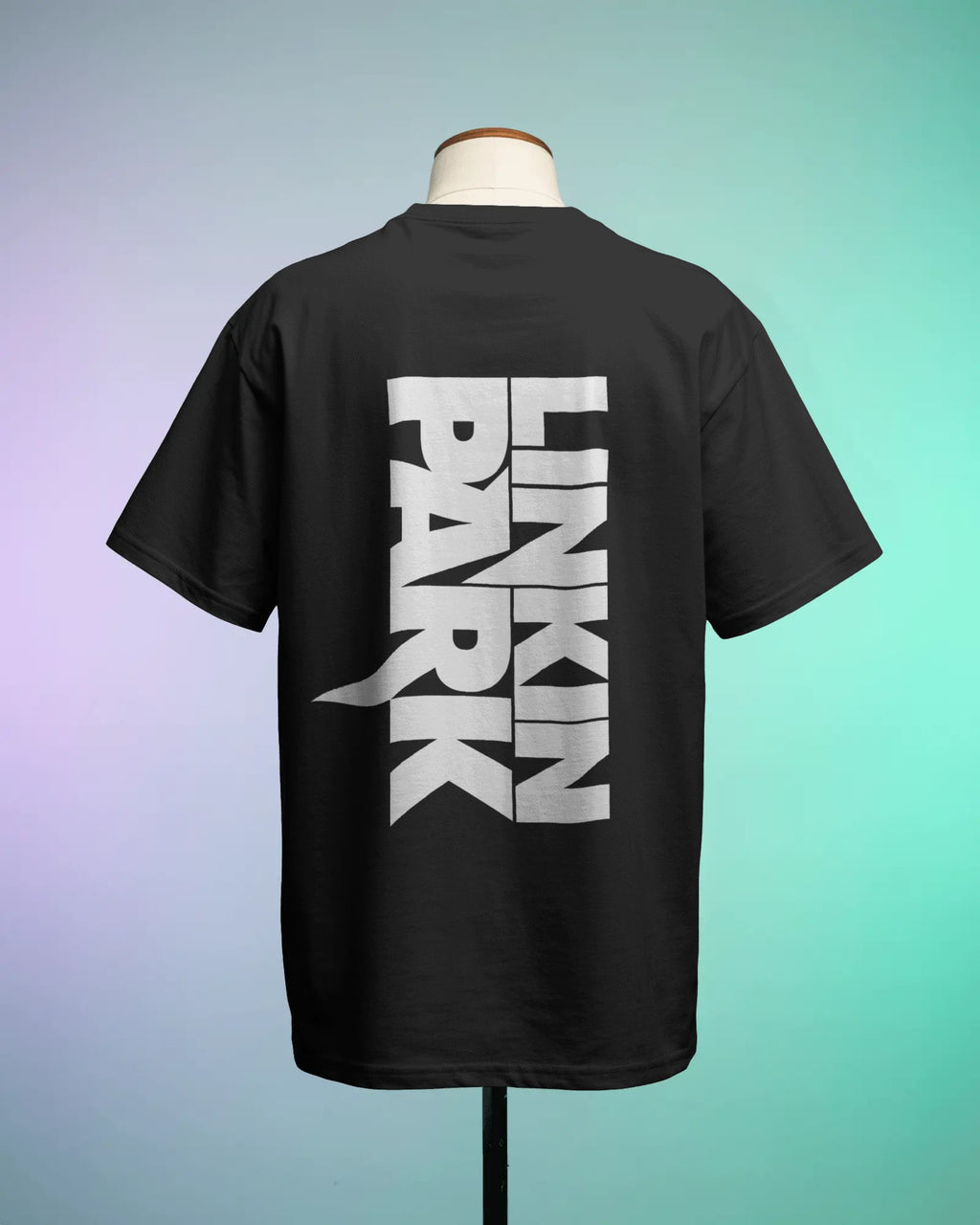 Linkin Park Crest Emblem Oversized Black T-Shirt with monochrome ornamental design worn by model with sunglasses