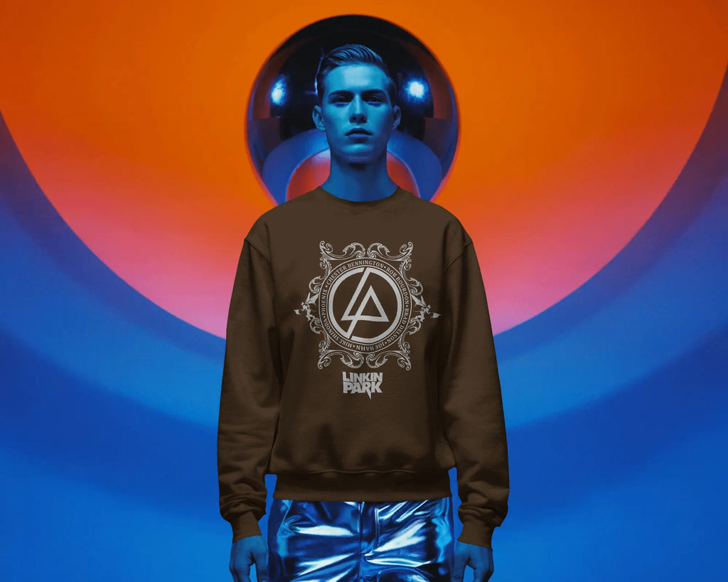 Linkin Park Crest Brown Luxe Sweatshirt featuring detailed emblem graphic on premium fleece fabric