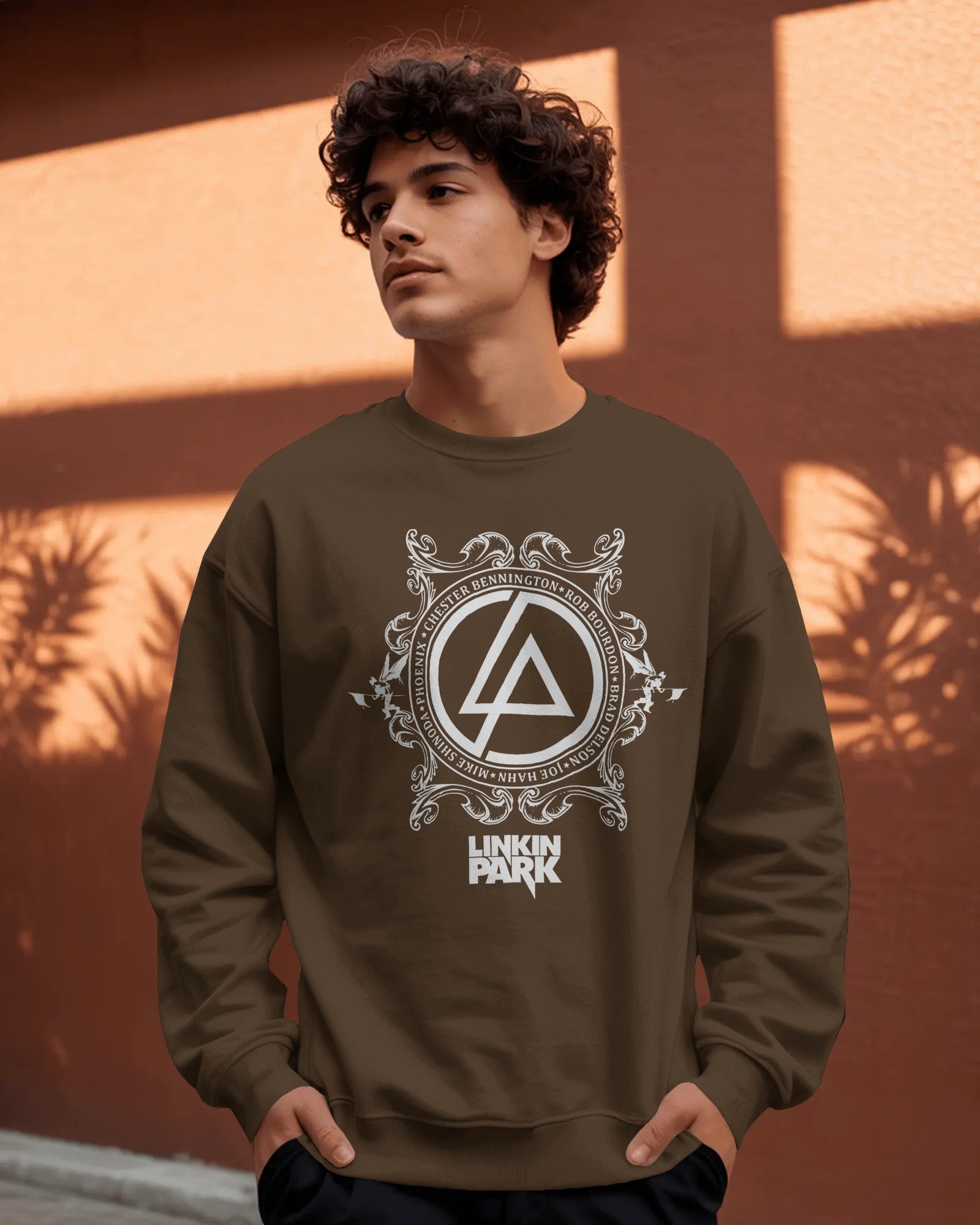 Linkin Park Crest Brown Luxe Sweatshirt featuring detailed emblem graphic on premium fleece fabric