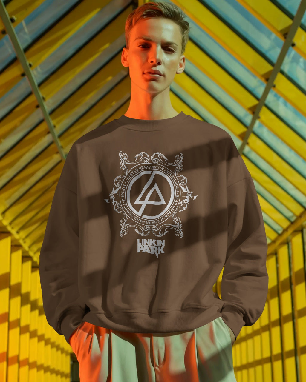 Linkin Park Crest Brown Luxe Sweatshirt featuring detailed emblem graphic on premium fleece fabric