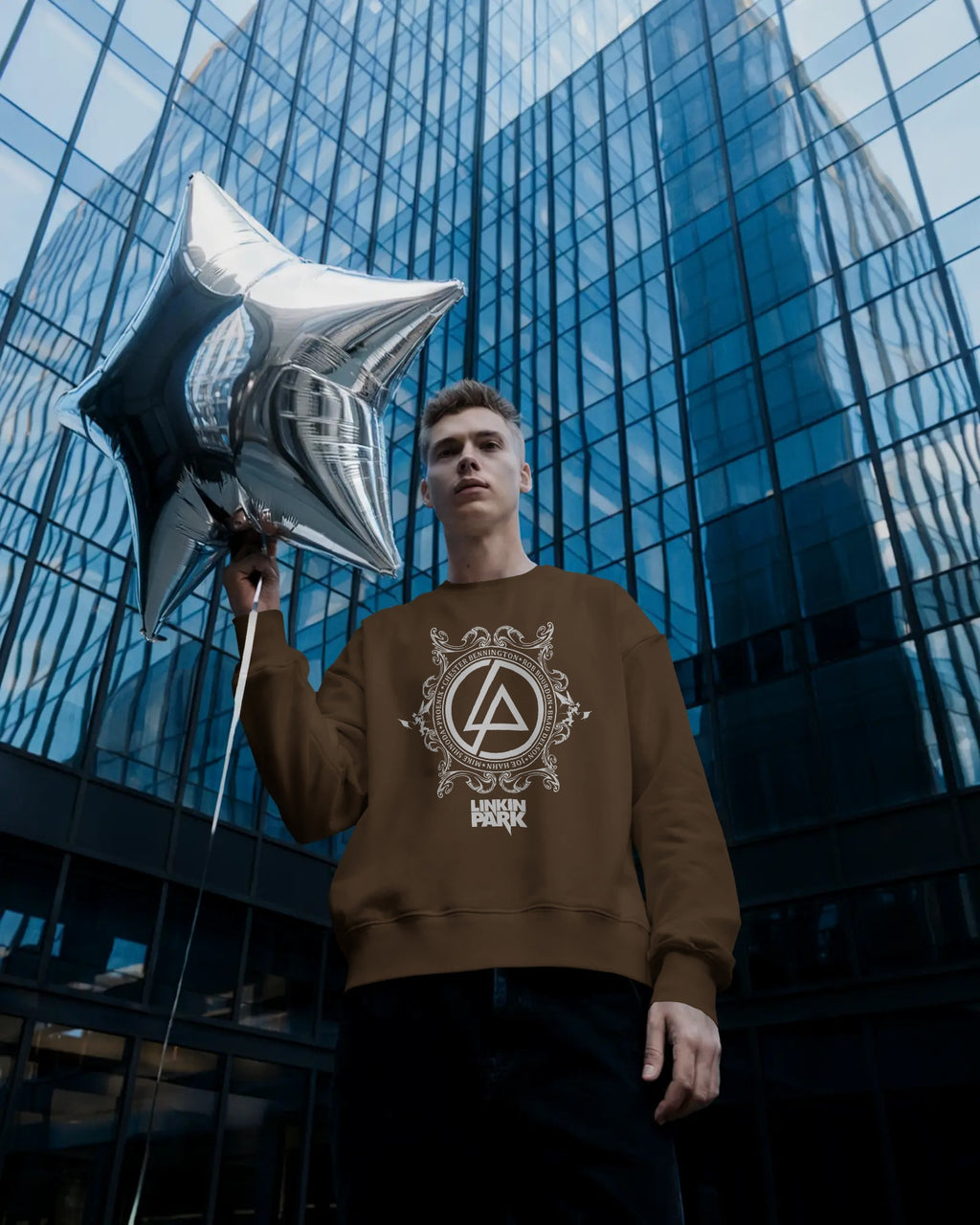 Linkin Park Crest Brown Luxe Sweatshirt featuring detailed emblem graphic on premium fleece fabric