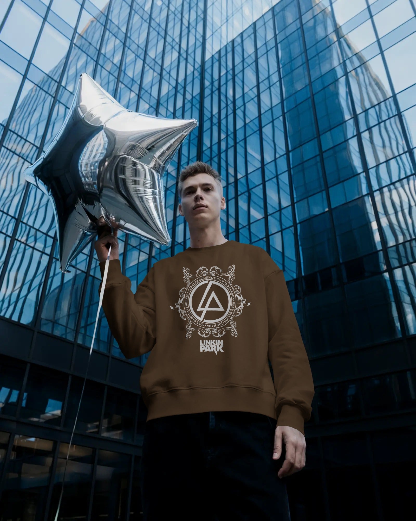 Linkin Park Crest Brown Luxe Sweatshirt featuring detailed emblem graphic on premium fleece fabric