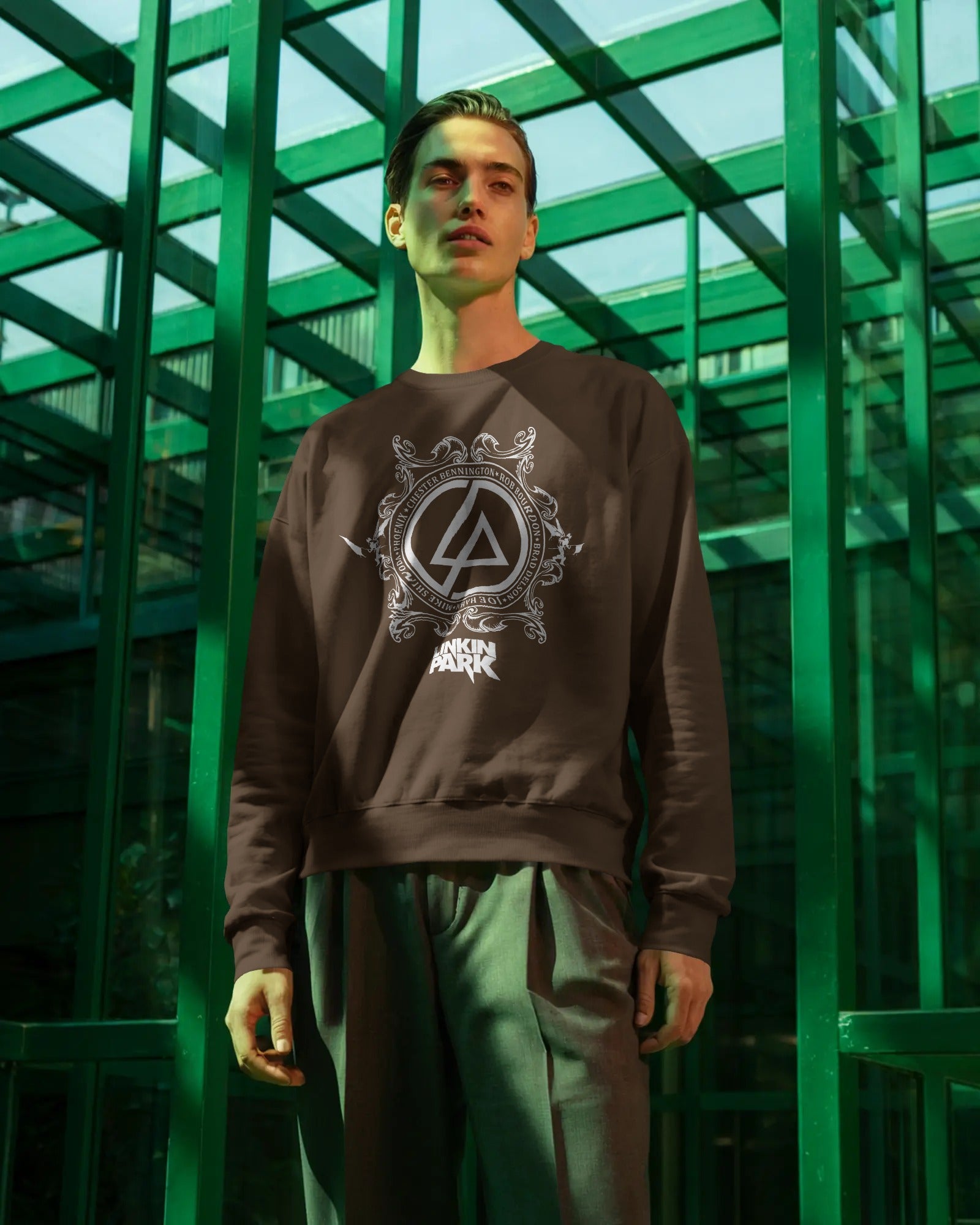 Linkin Park Crest Brown Luxe Sweatshirt featuring detailed emblem graphic on premium fleece fabric