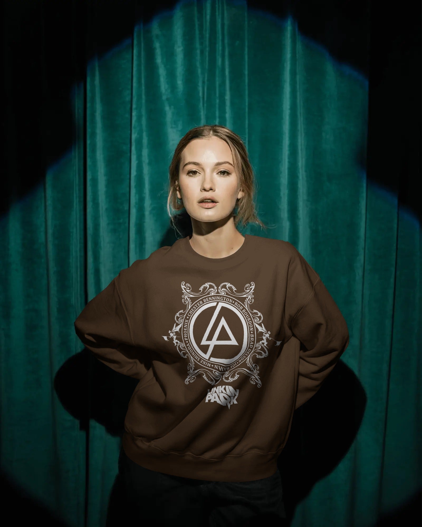 Linkin Park Crest Brown Luxe Sweatshirt featuring detailed emblem graphic on premium fleece fabric