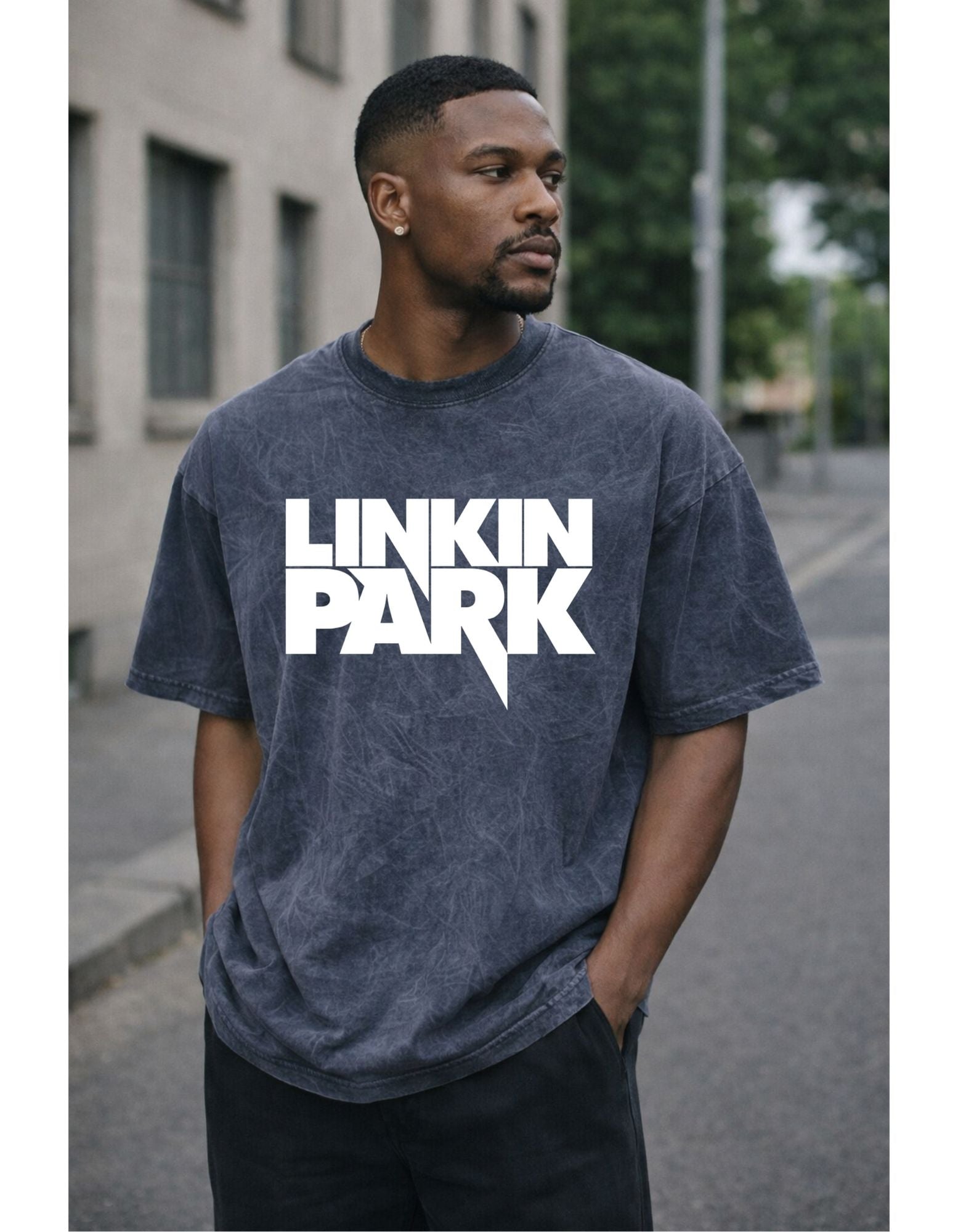 Linkin Park Essentials Acid Wash Oversized Black Tshirt