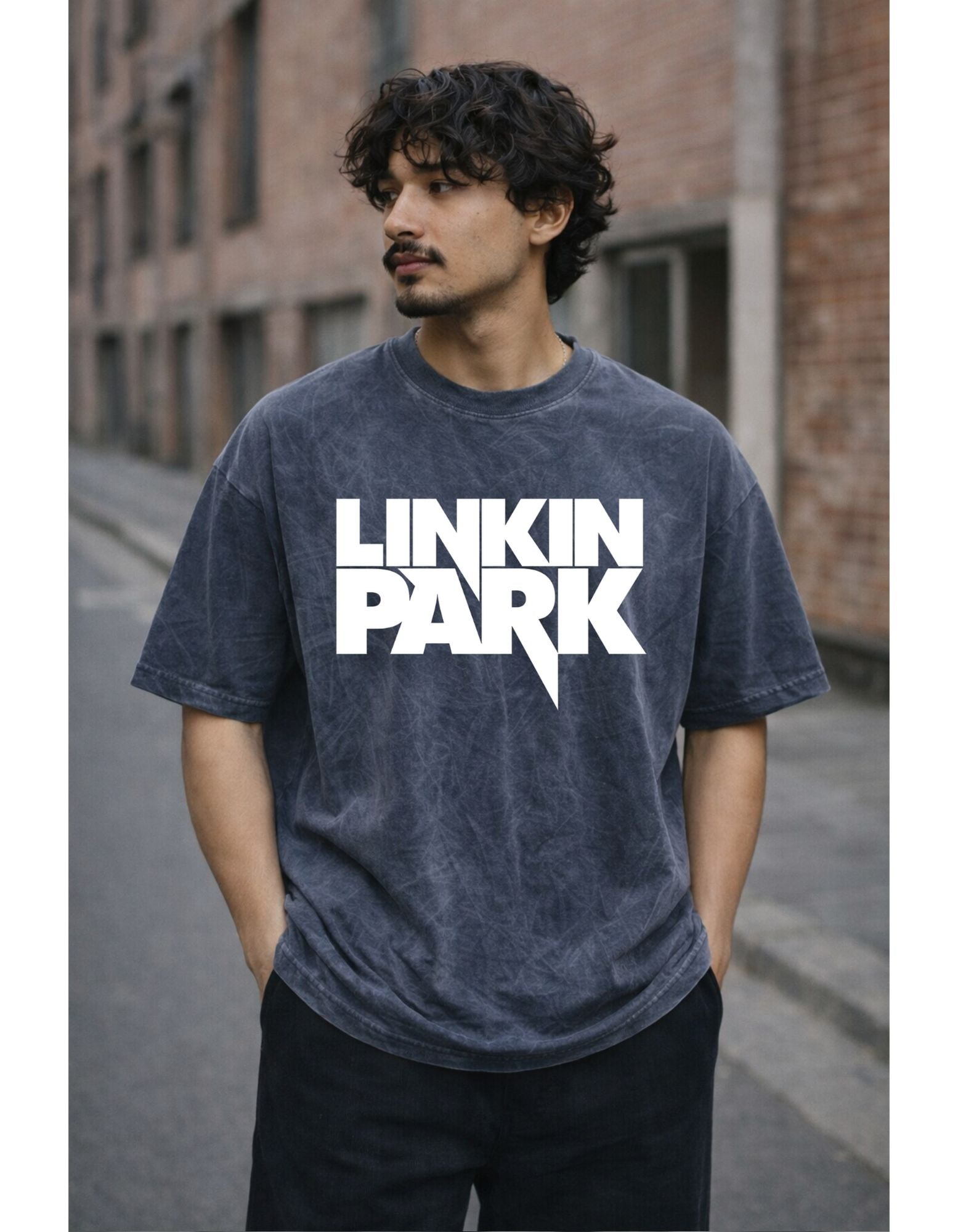 Linkin Park Essentials Acid Wash Oversized Black Tshirt