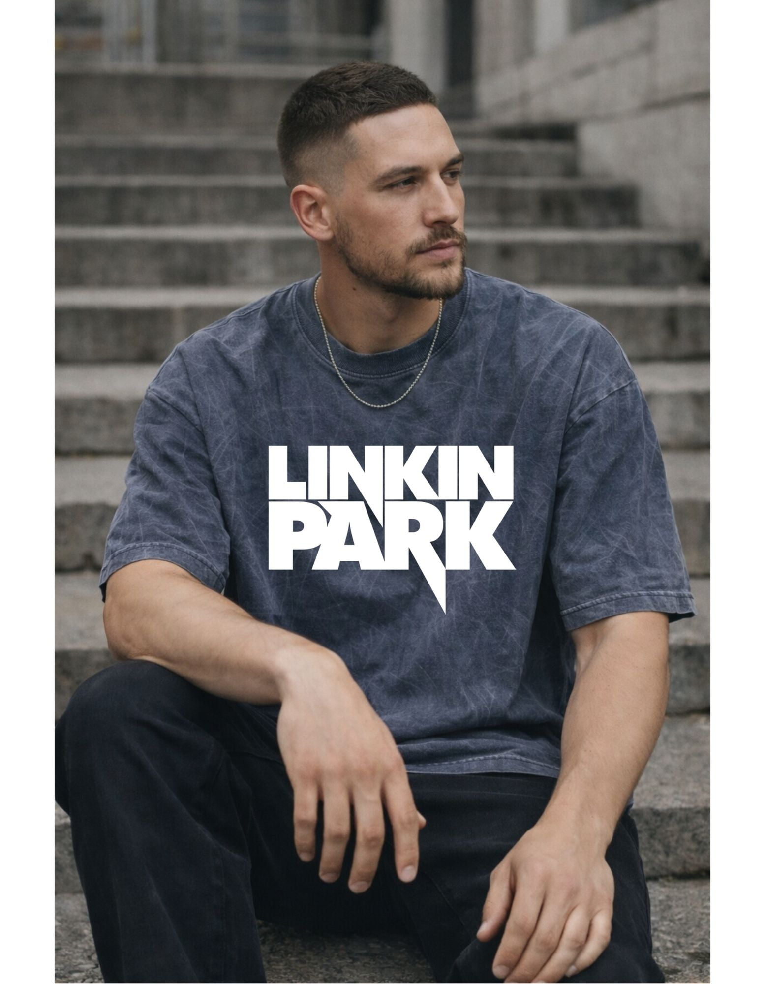 Linkin Park Essentials Acid Wash Oversized Black Tshirt
