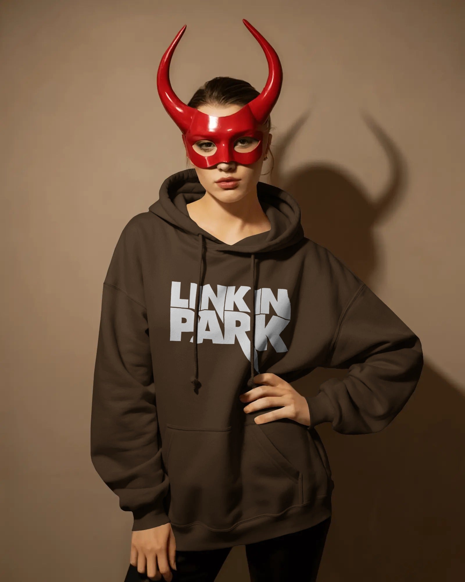 Front view of Linkin Park Essentials Brown Luxe Hoodie unisex fit
