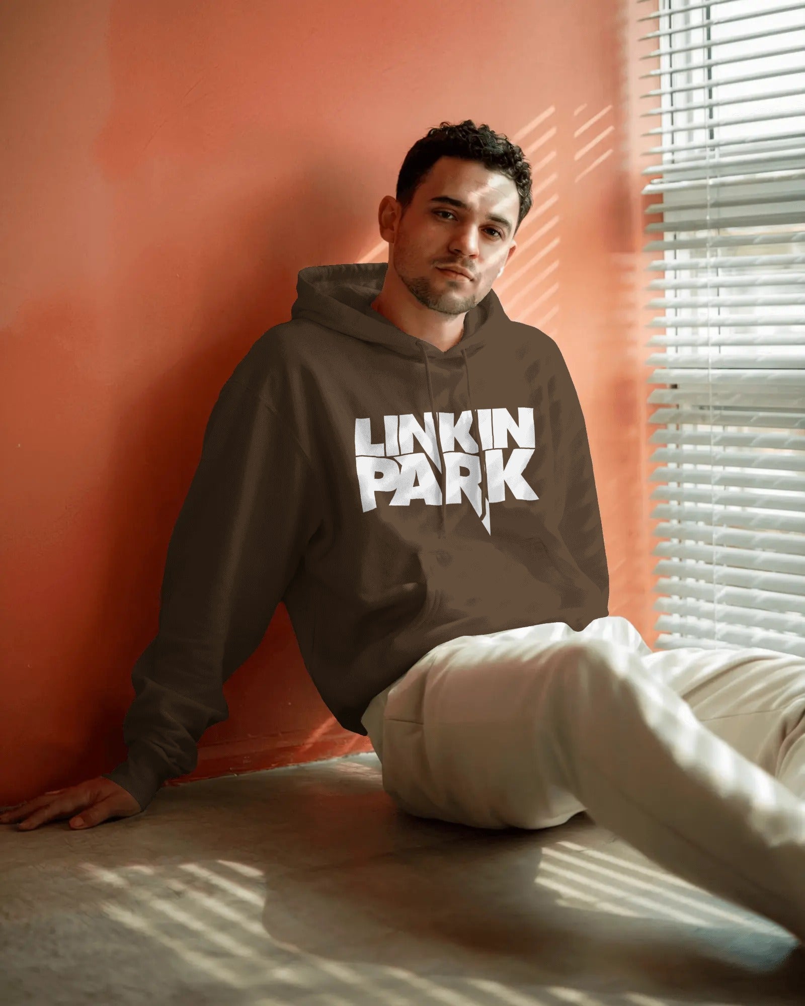 Linkin Park Essentials Brown Luxe Hoodie with minimal logo print