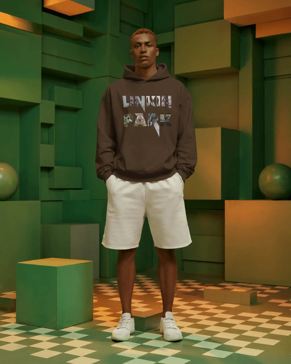 Lifestyle image of Linkin Park Legacy Brown Hoodie by Nitorious Atelier