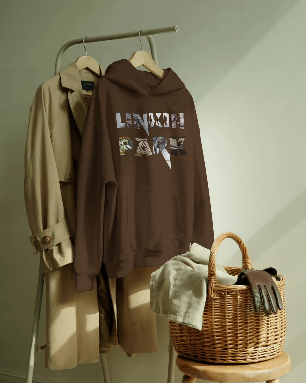 Premium Linkin Park band hoodie in brown with iconic collage graphic