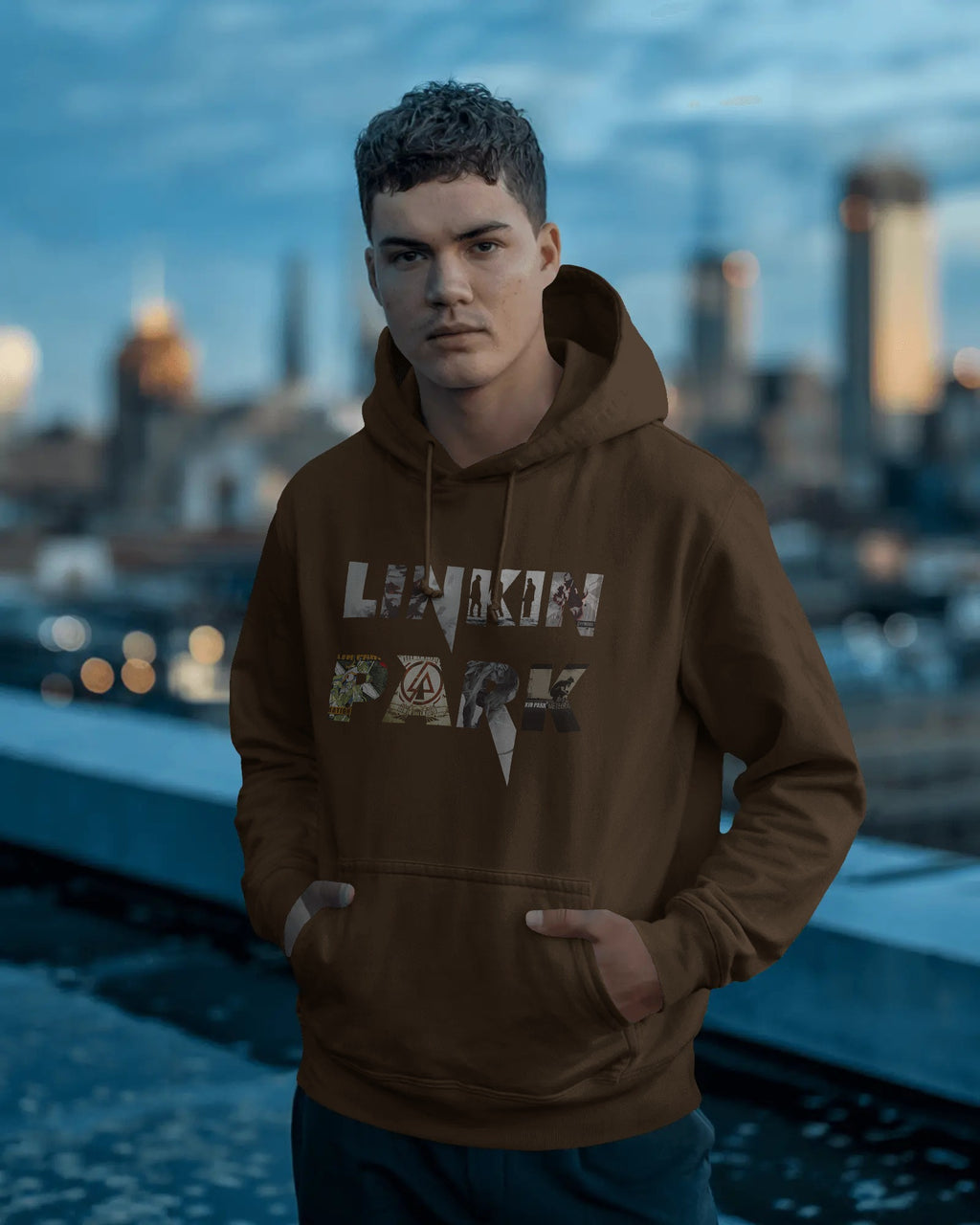 Brown Linkin Park hoodie made from premium cotton fleece lifestyle shot