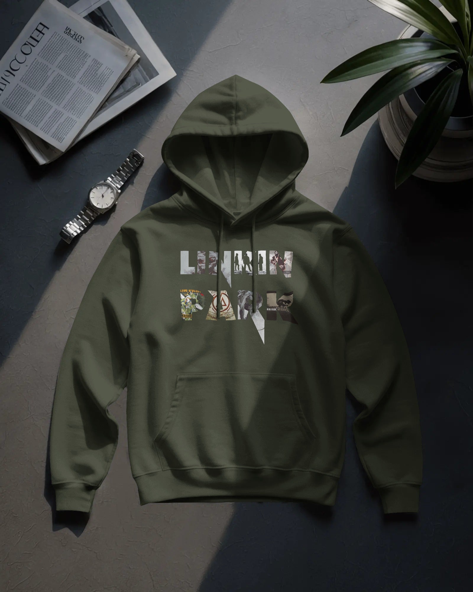 Linkin Park Legacy Olive Hoodie with iconic collage band print