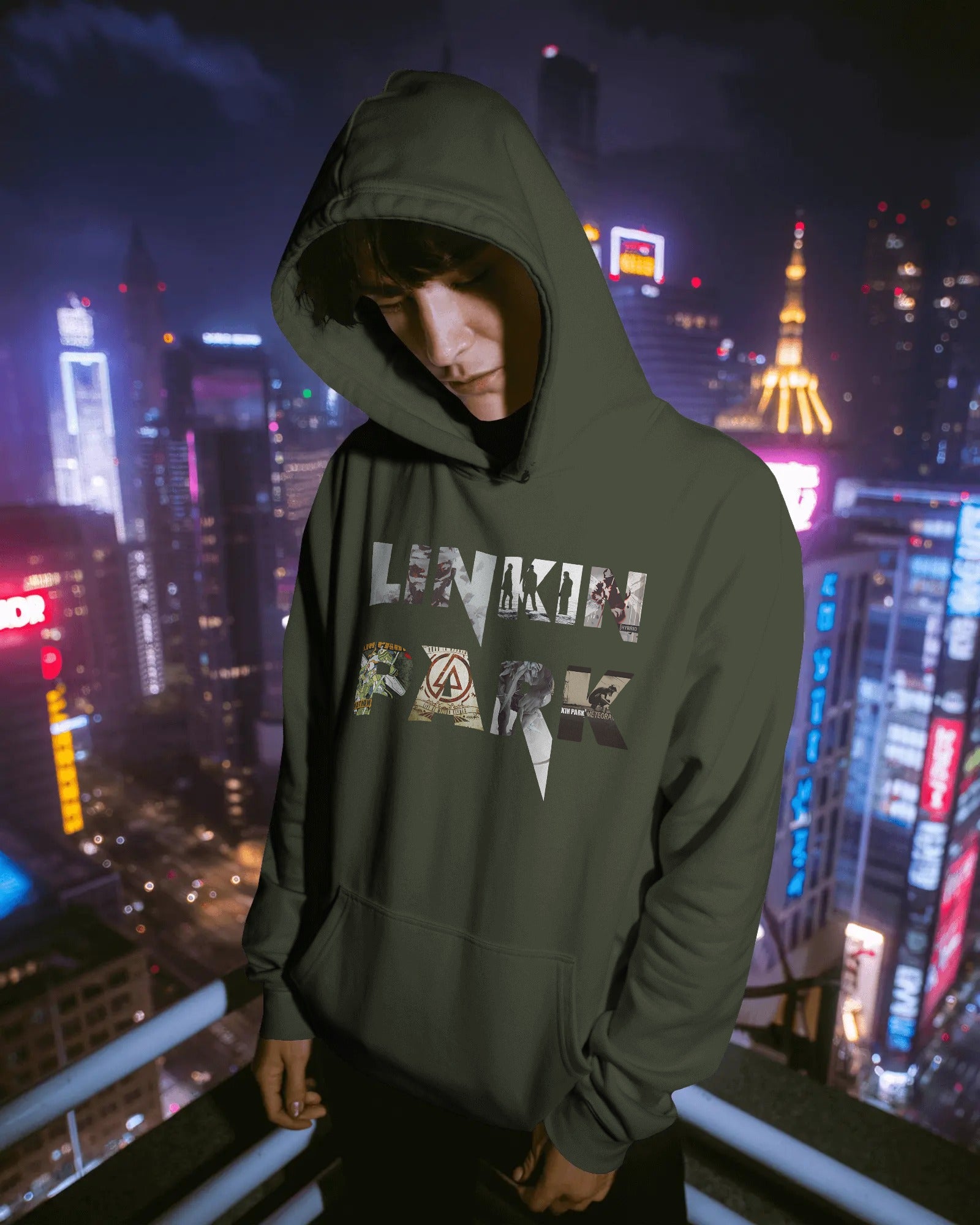 Premium Linkin Park band hoodie in olive green by Nitorious Atelier