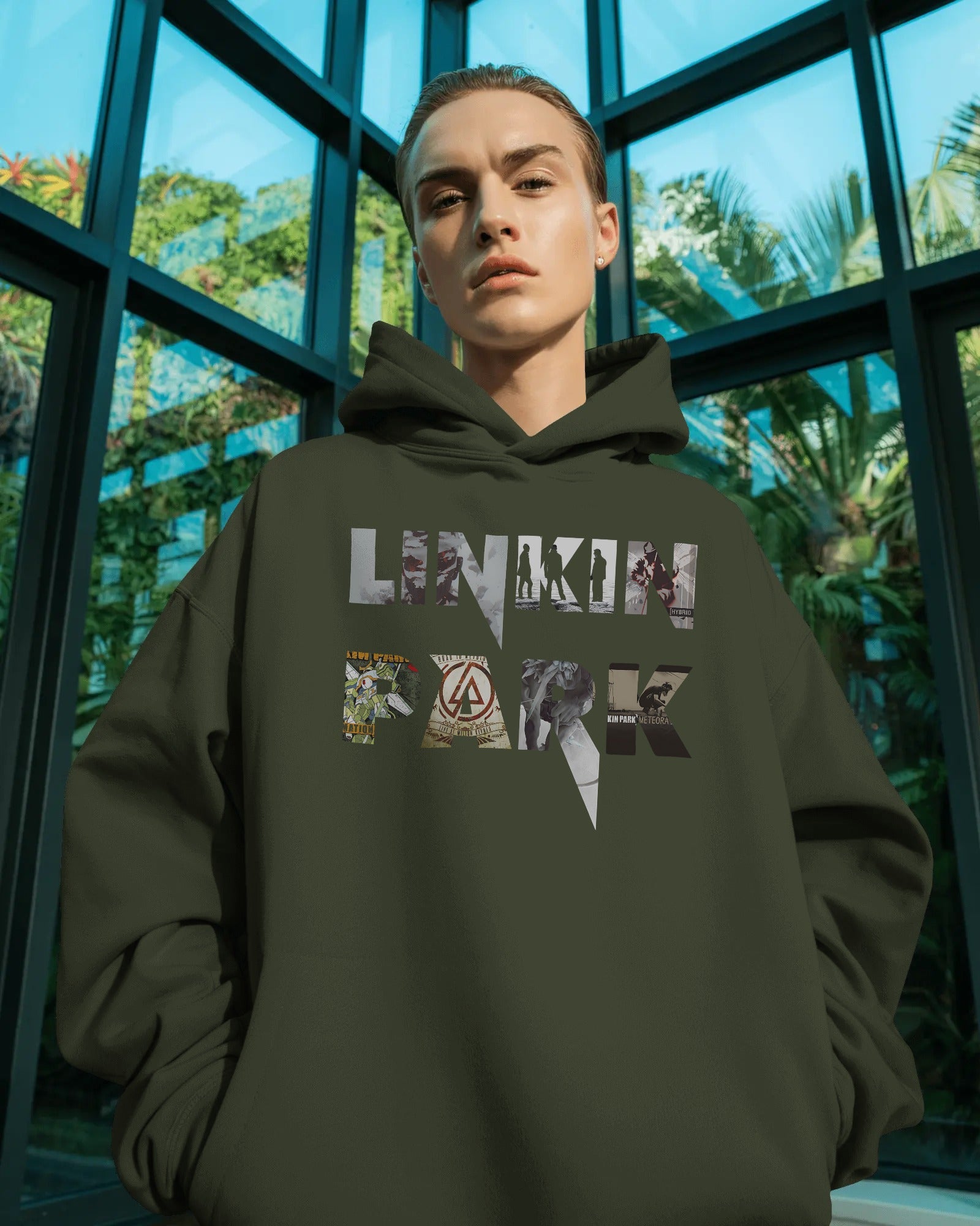 Front view of Linkin Park Legacy Olive Hoodie unisex fit