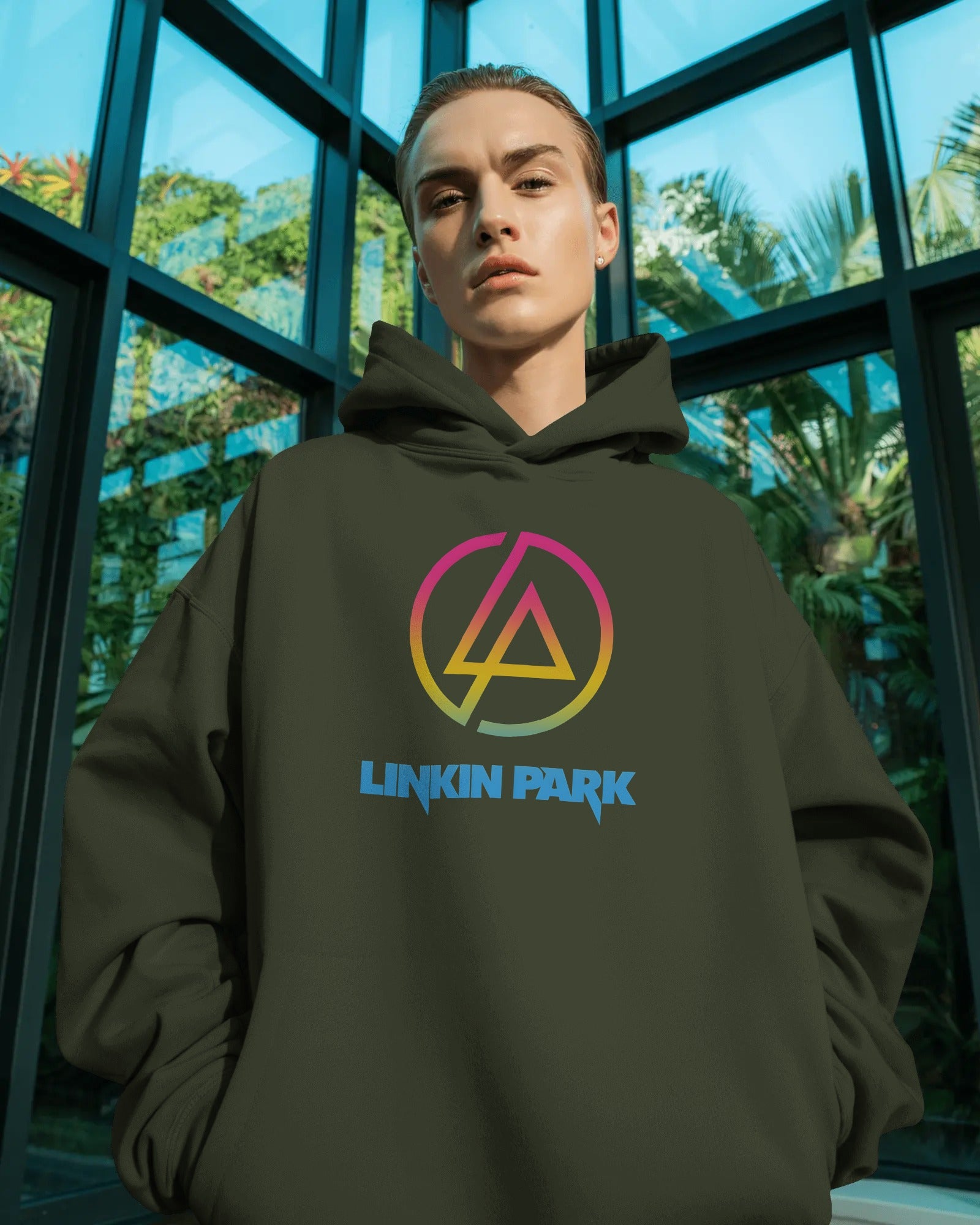 Model wearing Linkin Park Neon Luxe Olive Hoodie unisex fit