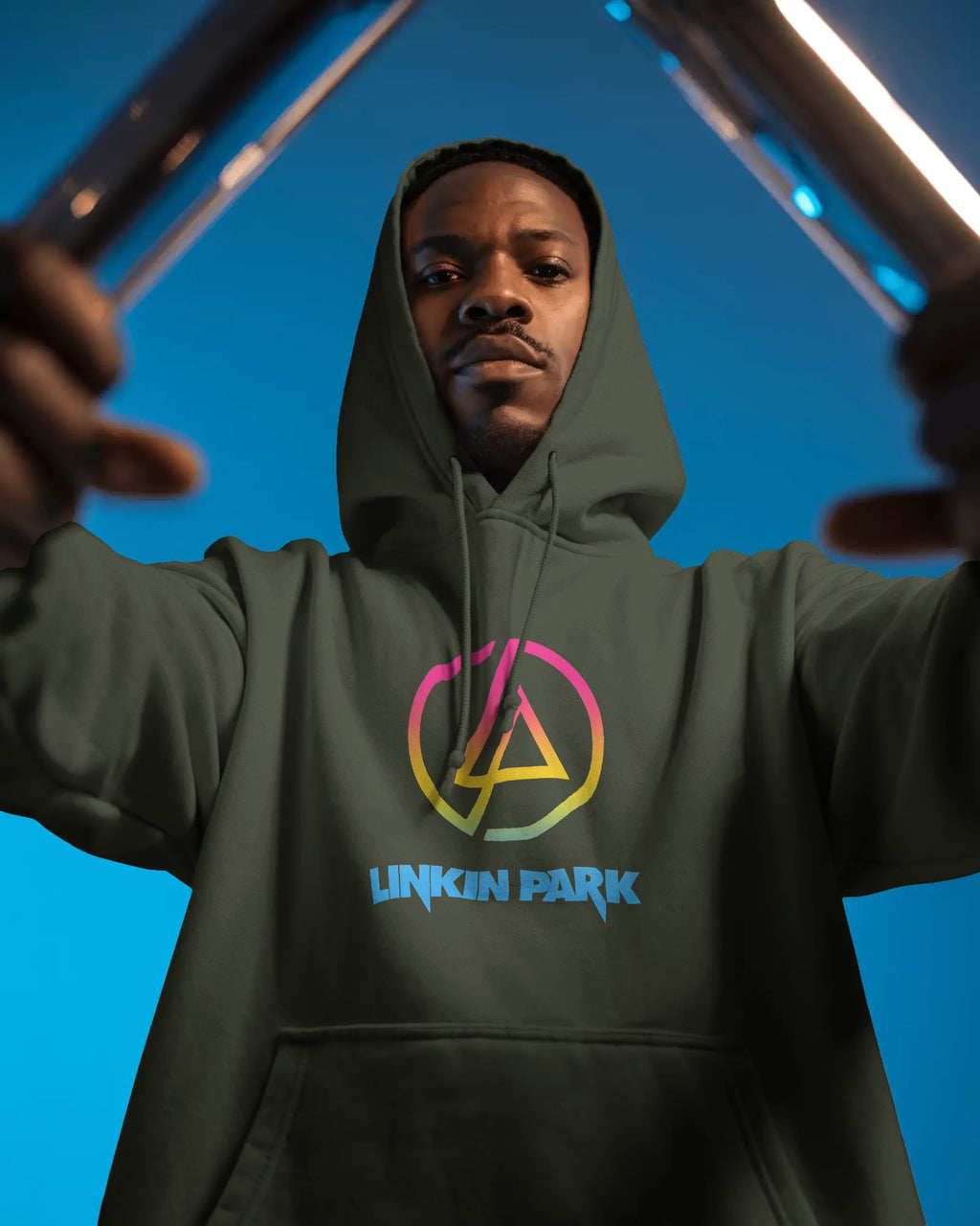 Model wearing Linkin Park Neon Luxe Olive Hoodie unisex fit