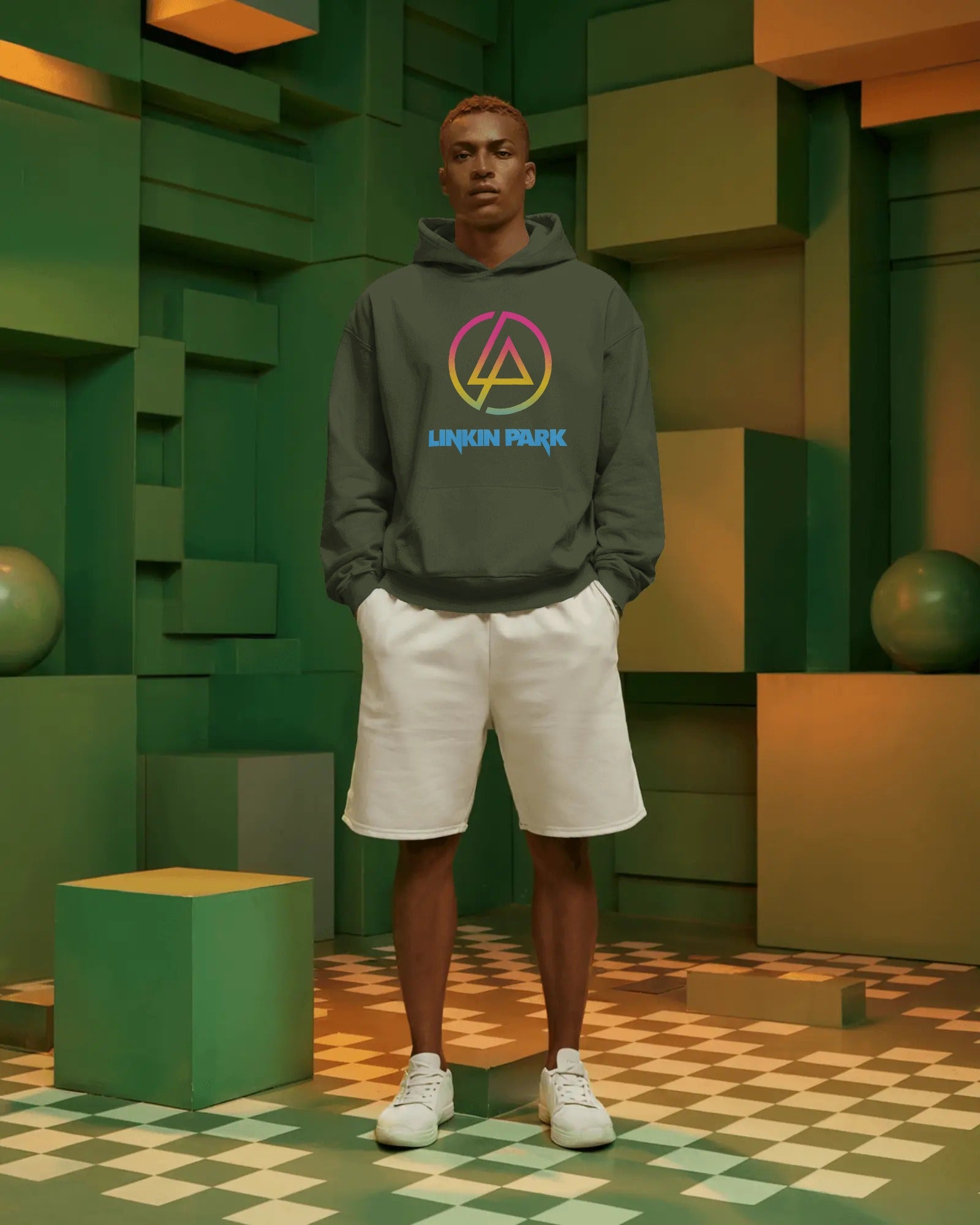 Close-up of neon gradient Linkin Park logo on olive hoodie