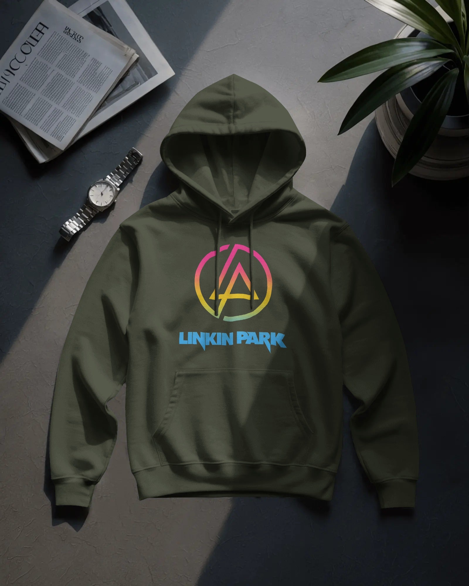 Premium Linkin Park band hoodie in olive by Nitorious Atelier