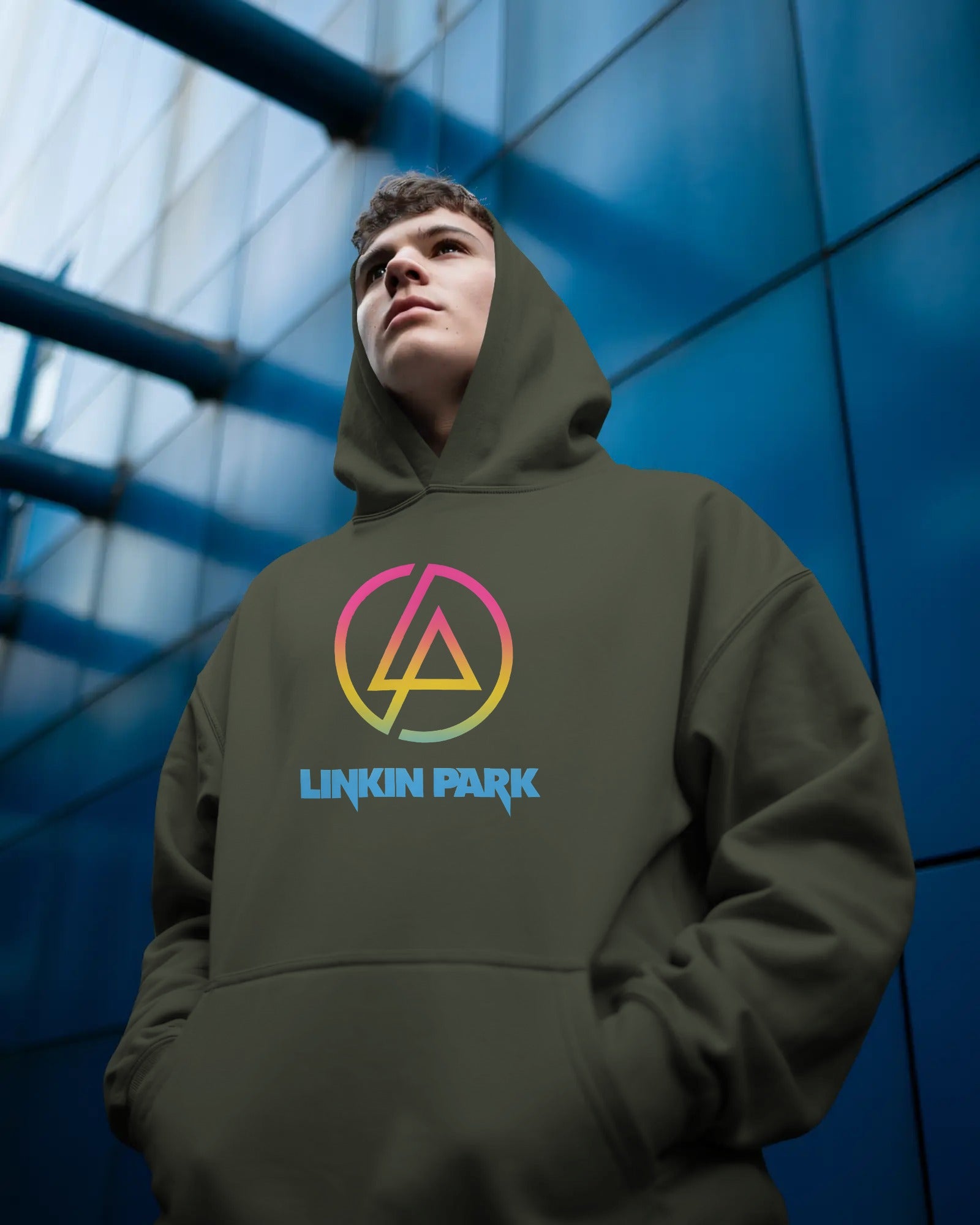 Linkin Park Neon Luxe Olive Hoodie with gradient logo print