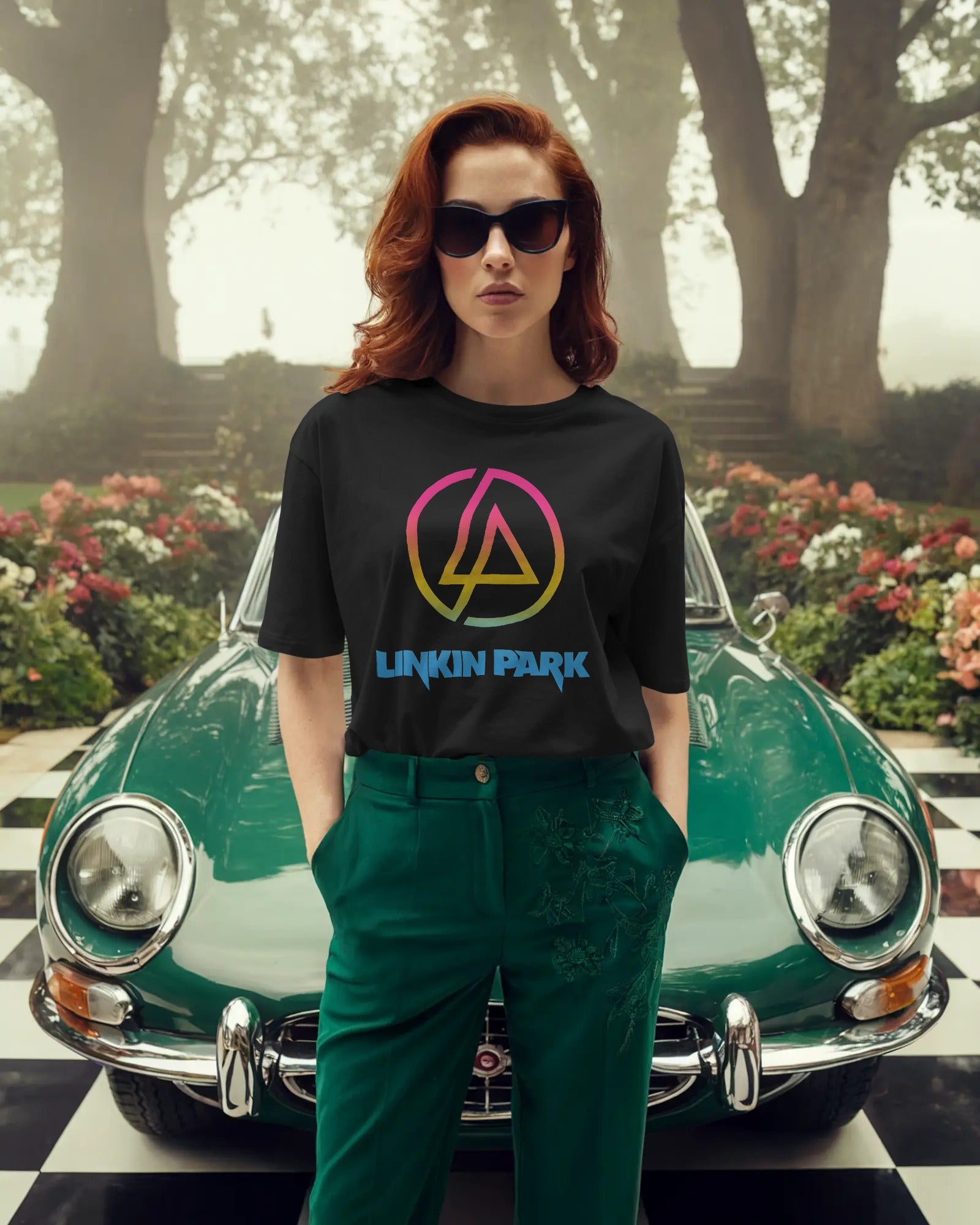 Linkin Park Neon Oversized Black T-Shirt with vibrant gradient LP logo and premium cotton fabric by Nitorious Atelier.