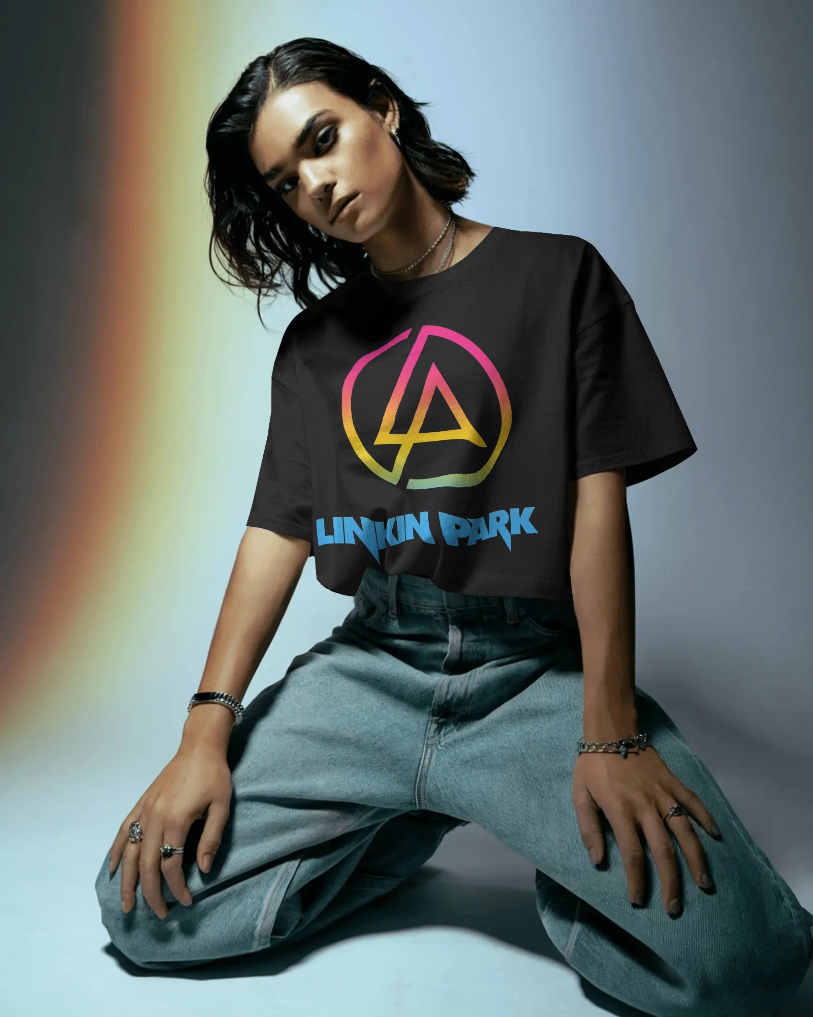 Linkin Park Neon Oversized Black T-Shirt with vibrant gradient LP logo and premium cotton fabric by Nitorious Atelier.