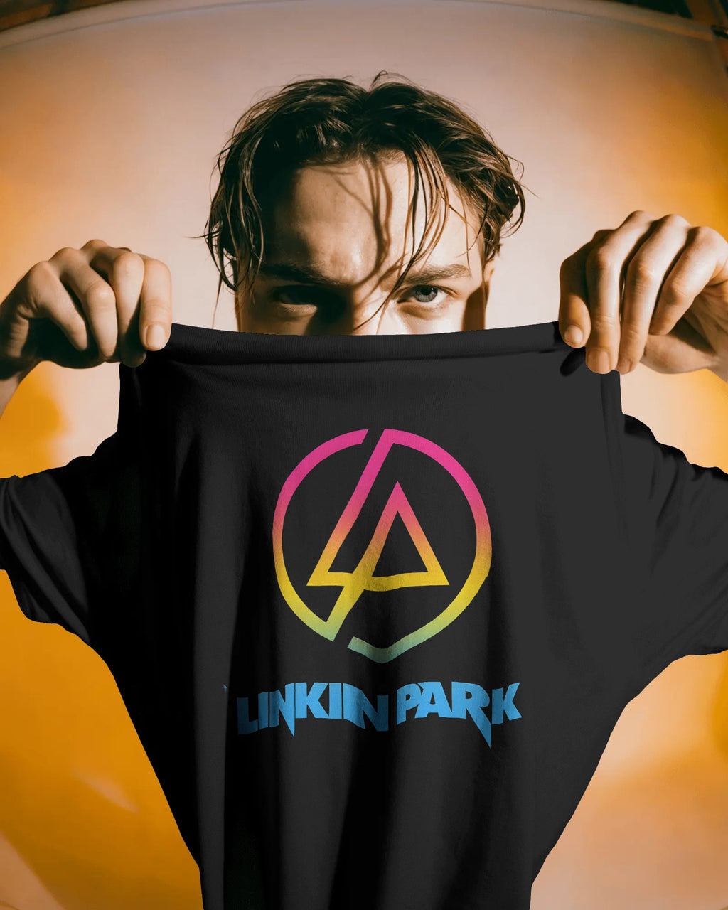 Linkin Park Neon Oversized Black T-Shirt with vibrant gradient LP logo and premium cotton fabric by Nitorious Atelier.
