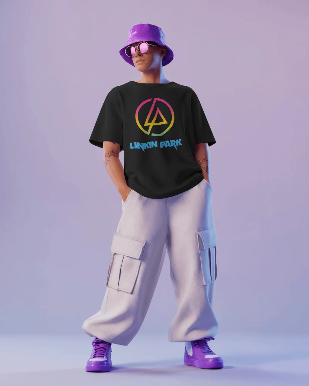 Linkin Park Neon Oversized Black T-Shirt with vibrant gradient LP logo and premium cotton fabric by Nitorious Atelier.