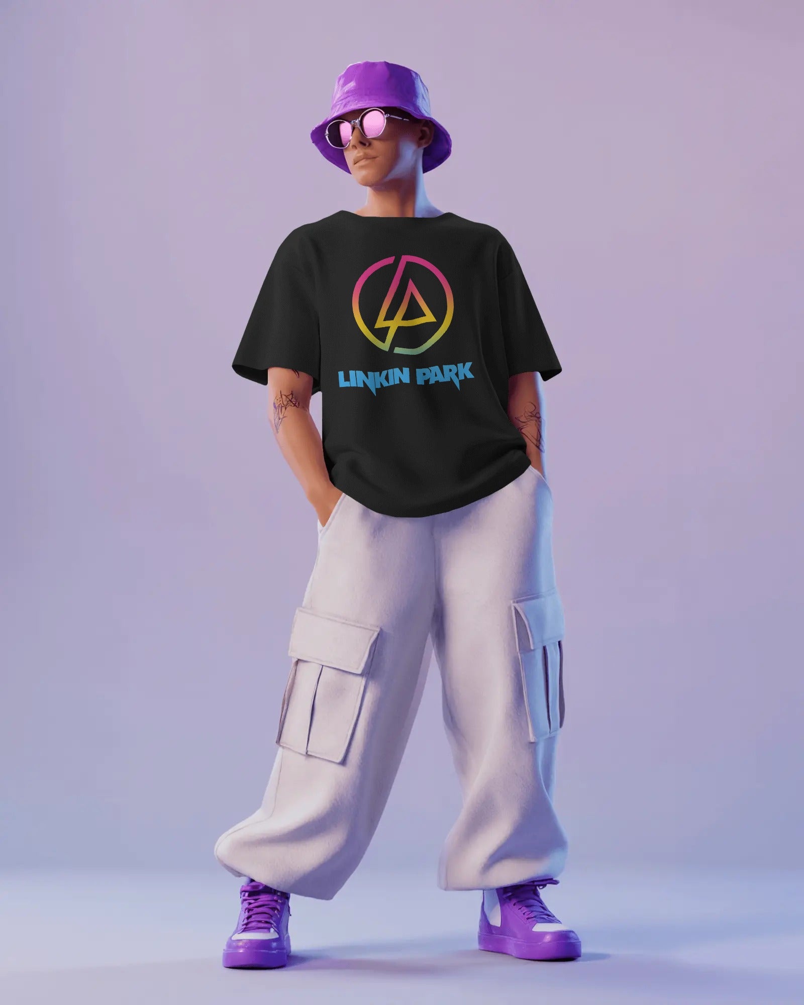 Linkin Park Neon Oversized Black T-Shirt with vibrant gradient LP logo and premium cotton fabric by Nitorious Atelier.