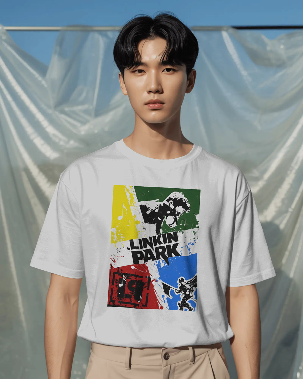 Linkin Park Retro Blocks Oversized White T-Shirt from Nitorious Atelier with multicolour graphic print, premium cotton fabric, worn by male model 
