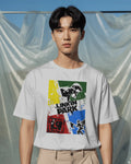 Linkin Park Retro Blocks Oversized White T-Shirt from Nitorious Atelier with multicolour graphic print, premium cotton fabric, worn by male model 