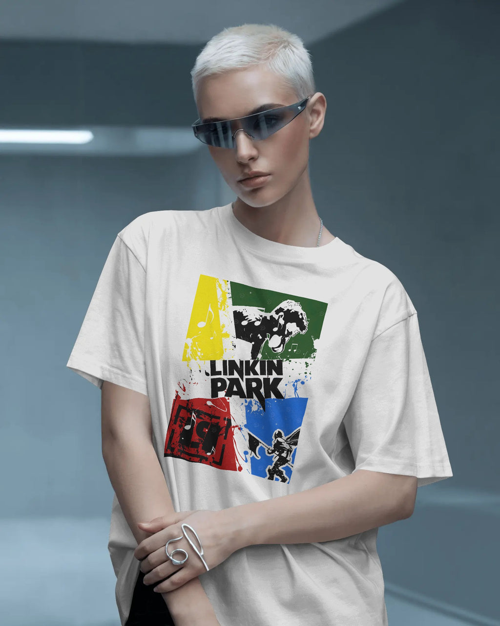 Linkin Park Retro Blocks Oversized White T-Shirt from Nitorious Atelier with multicolour graphic print, premium cotton fabric, worn by male model 