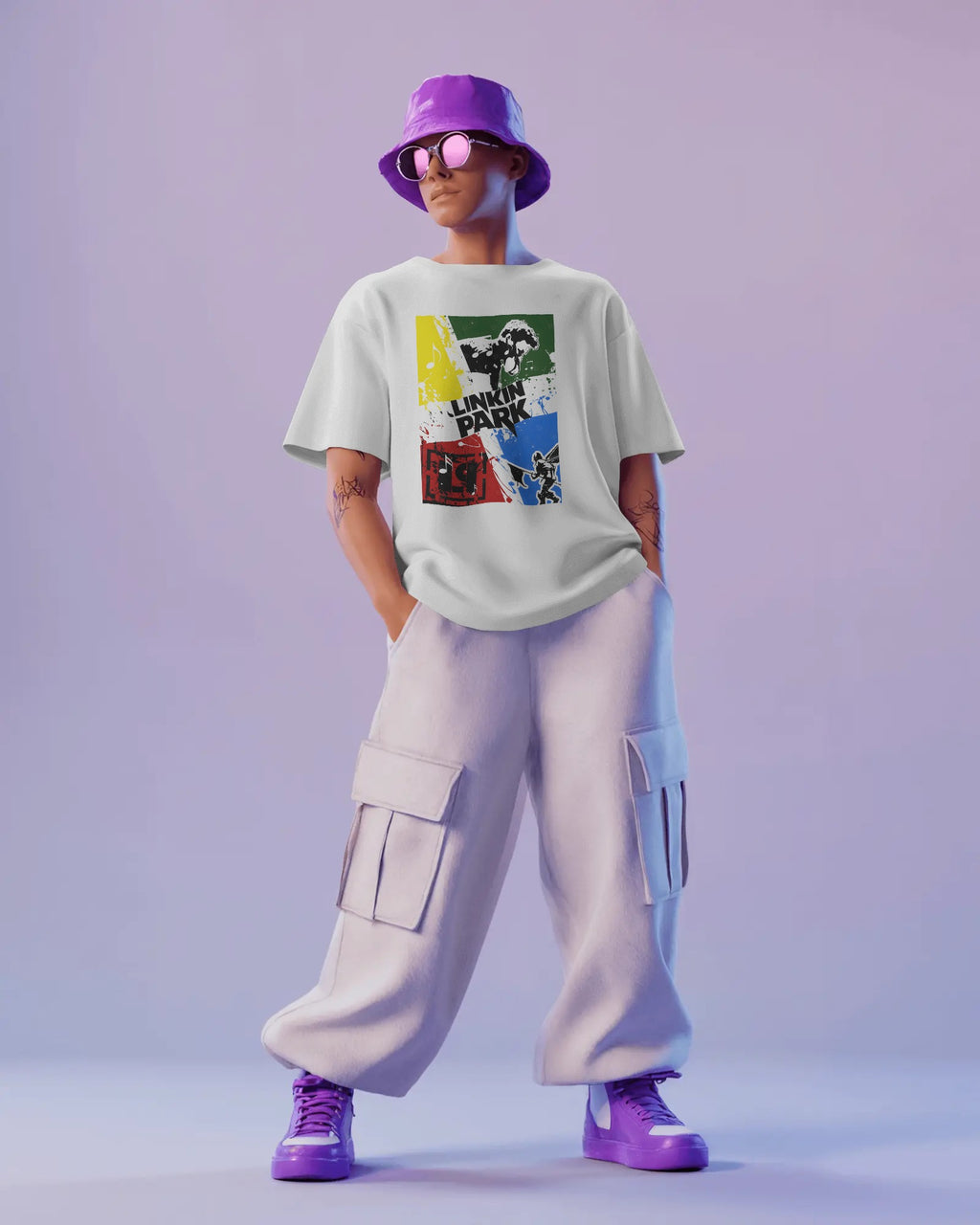 Linkin Park Retro Blocks Oversized White T-Shirt from Nitorious Atelier with multicolour graphic print, premium cotton fabric, worn by male model 