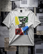 Linkin Park Retro Blocks Oversized White T-Shirt from Nitorious Atelier with multicolour graphic print, premium cotton fabric, worn by male model 