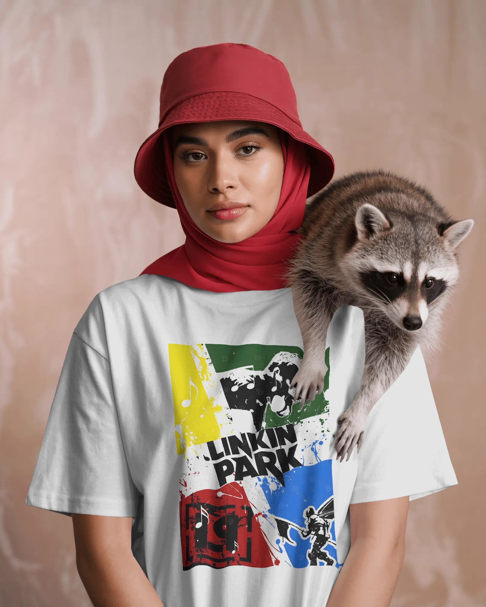 Linkin Park Retro Blocks Oversized White T-Shirt from Nitorious Atelier with multicolour graphic print, premium cotton fabric, worn by male model 