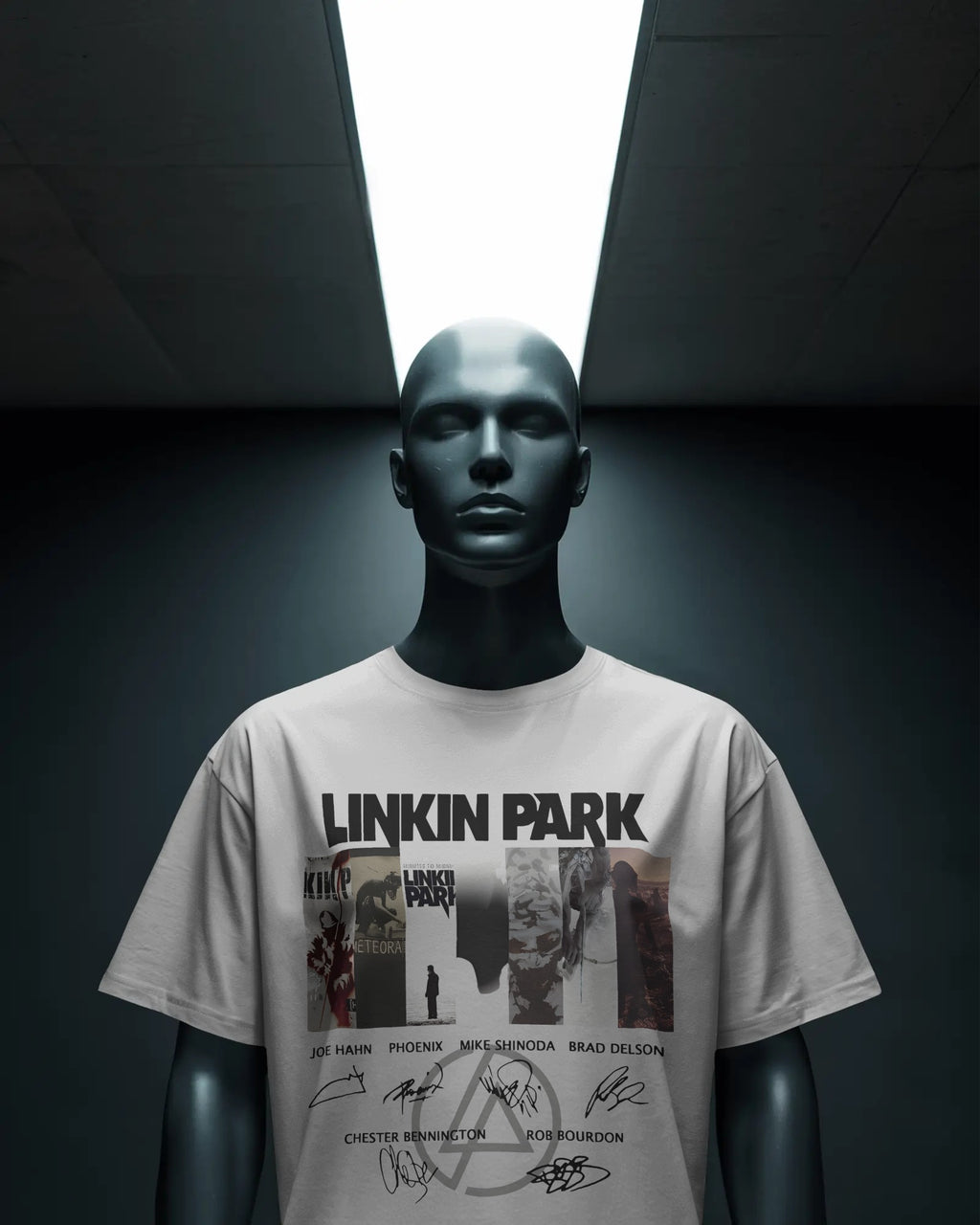 Linkin Park Signature Legacy Oversized White T-Shirt with album art collage and band signatures worn by model with futuristic sunglasses