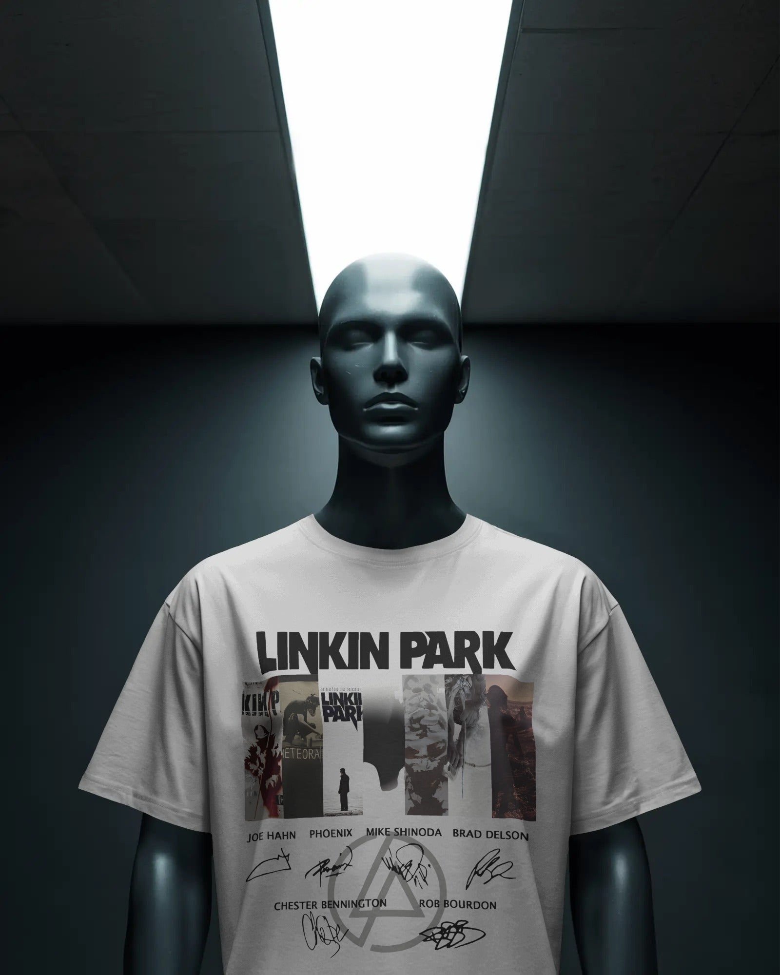 Linkin Park Signature Legacy Oversized White T-Shirt with album art collage and band signatures worn by model with futuristic sunglasses