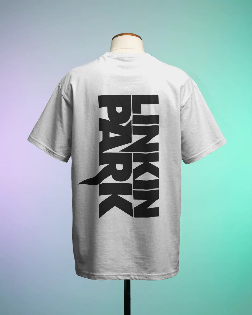 Linkin Park Signature Legacy Oversized White T-Shirt with album art collage and band signatures worn by model with futuristic sunglasses