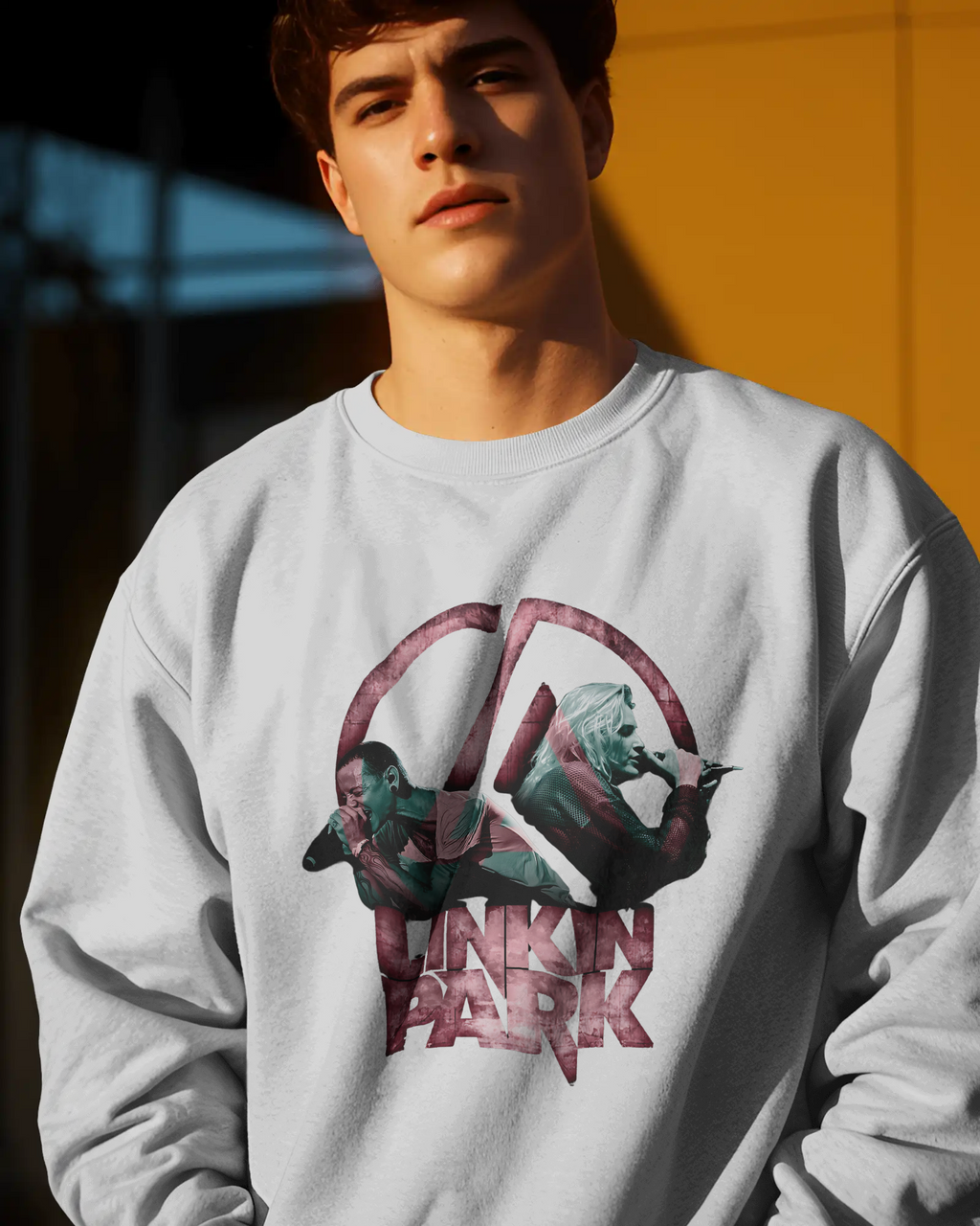 Model wearing Nitorious Atelier Linkin Park From Zero White Luxe Sweatshirt with bold graphic print on front.