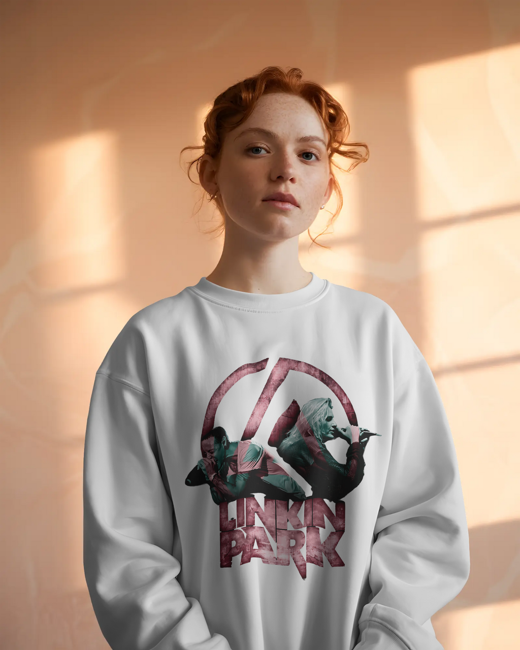 Model wearing Nitorious Atelier Linkin Park From Zero White Luxe Sweatshirt with bold graphic print on front.