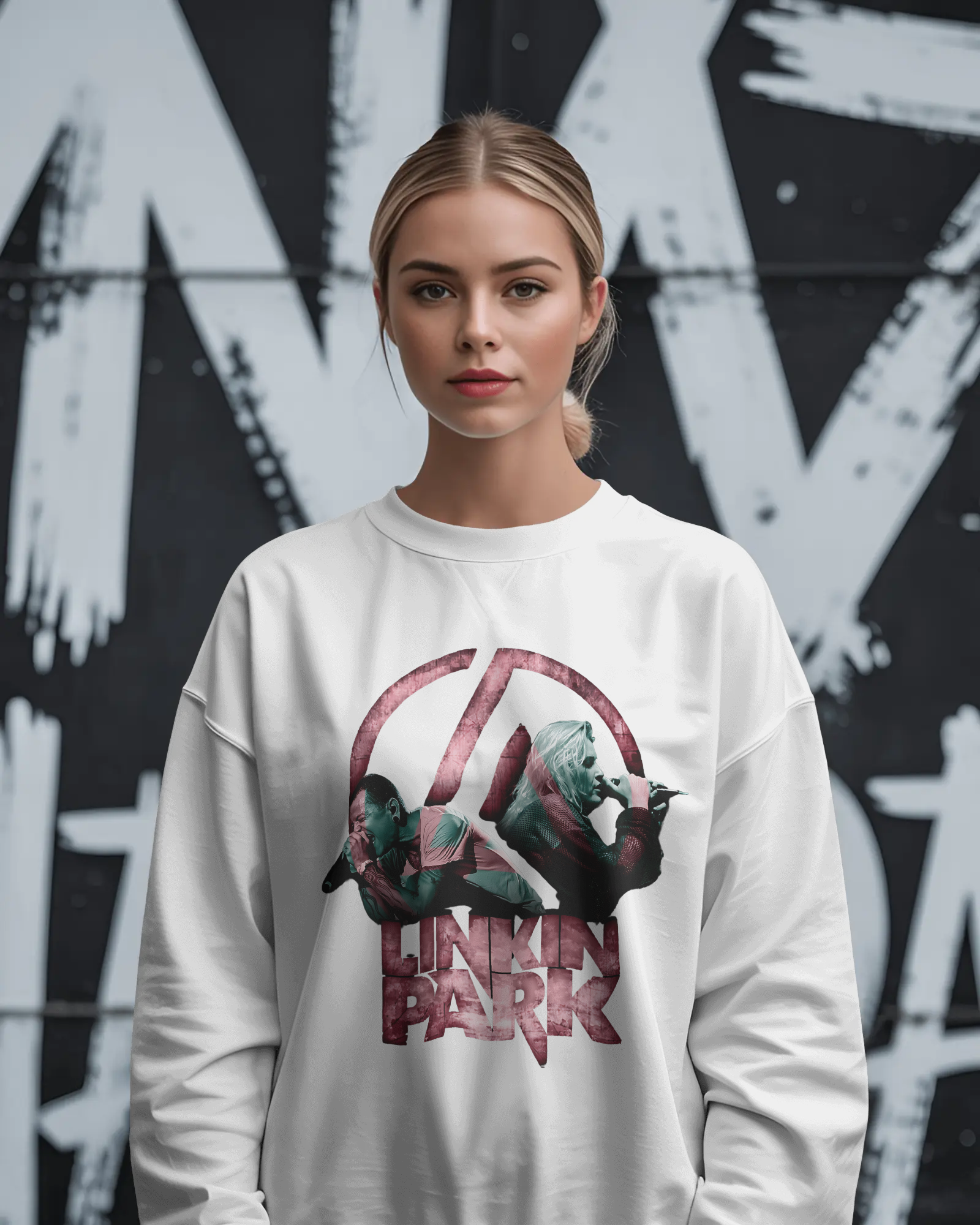 Model wearing Nitorious Atelier Linkin Park From Zero White Luxe Sweatshirt with bold graphic print on front.