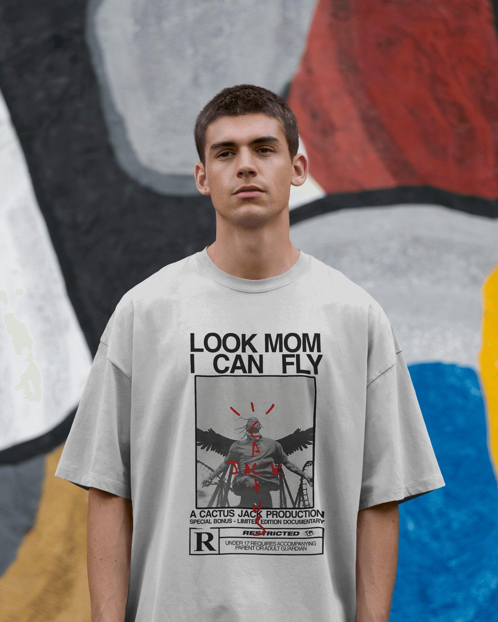 avis Scott 'Look Mom I Can Fly' white t-shirt from Nitorious Atelier. Crafted from heavy cotton with a clean oversized fit and striking graphic print.
