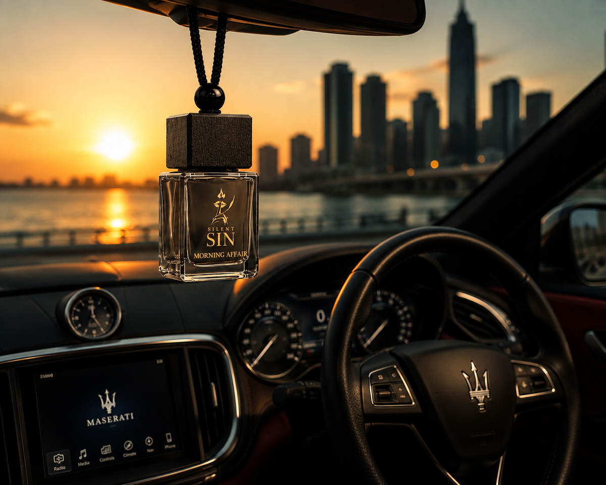 A clear glass car air freshener bottle labeled 'SILENT SIN Morning Affair coffee car perfume' hangs from the rearview mirror inside a Maserati car at sunset, with the city skyline and water in the background.