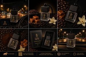 Six-panel collage showing a luxury car fragrance bottle labeled 'SIN' in different settings: on a dashboard with city lights, beside coffee beans and caramel cubes, and in an open presentation box. The product appears to be a clear glass perfume/car scent bottle with a black cap and black packaging, branded 'THE SILENT SIN'.