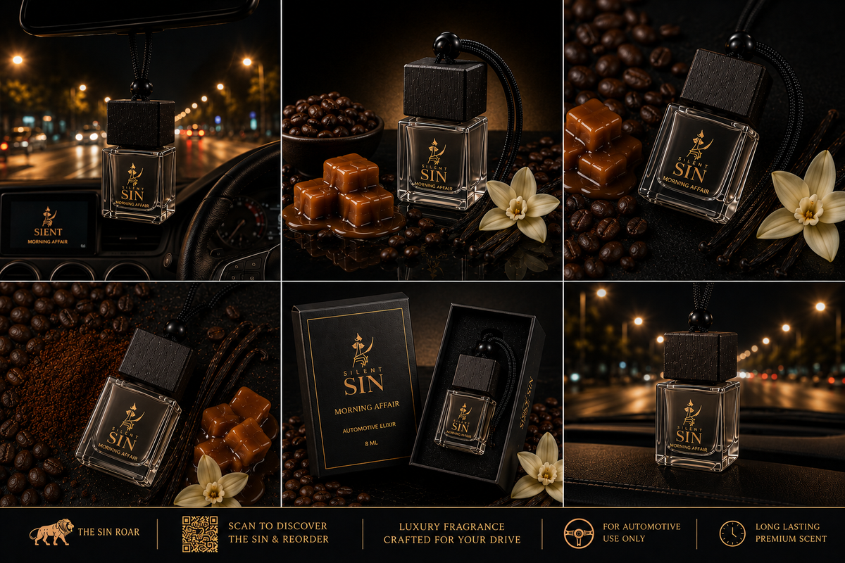 Six-panel collage showing a luxury car fragrance bottle labeled 'SIN' in different settings: on a dashboard with city lights, beside coffee beans and caramel cubes, and in an open presentation box. The product appears to be a clear glass perfume/car scent bottle with a black cap and black packaging, branded 'THE SILENT SIN'.