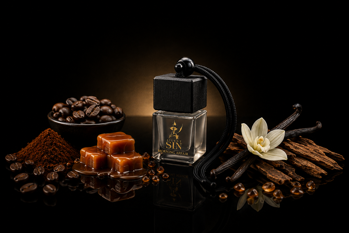 A clear glass perfume bottle with a black cap and black cord, labeled Silent SIN by Nitorious Atelier, styled with coffee beans, caramel cubes, vanilla beans, and a vanilla flower on a black reflective background. Silent Sin Automotive Elixir Car Fragrance
